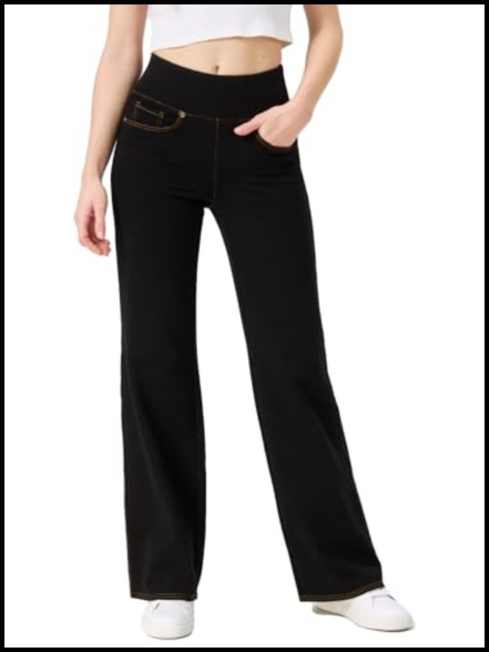 High Waisted Bell Bottom Pull On Jeans Tummy Control Stretch Denim